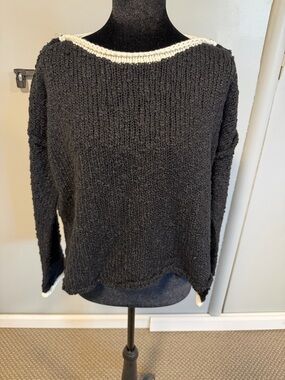 Zenana Black Chunky Knit Sweater Cream Trim Textured Cozy Pullover Size Small